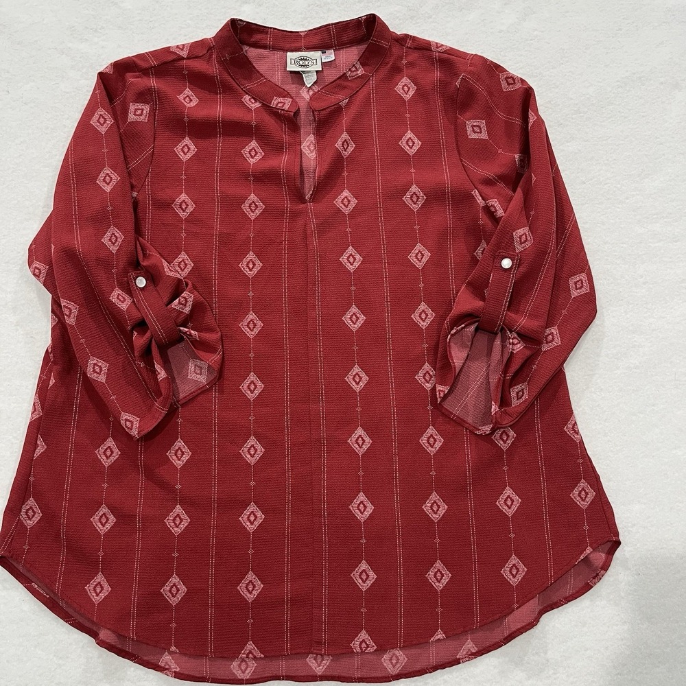 Rod's USA Women's Red Pearl Button 3/4 Roll Tab Sleeve Blouse Sz 2XL Aztec